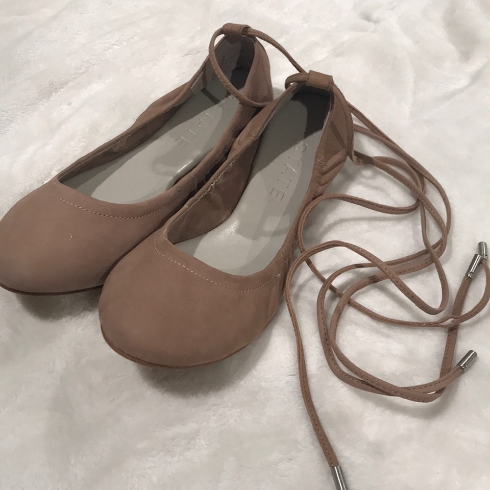 Nude suede lace-up ballet flats
